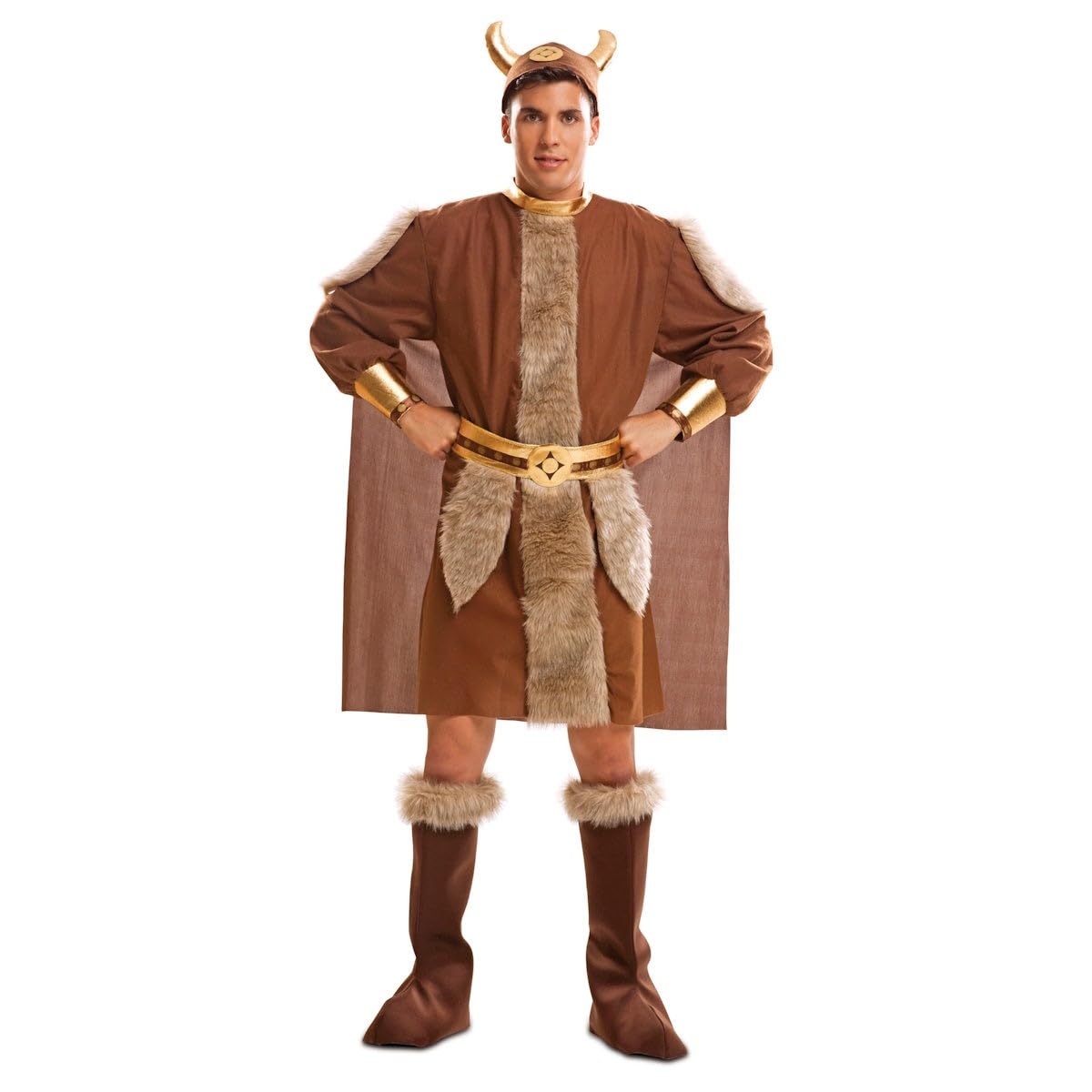 My Other Me Disfraz para hombre adulto de Vikingo marrón con vestido con capa, cinturón, cubrebotas y casco ML. Desata tu espíritu guerrero en cada fiesta