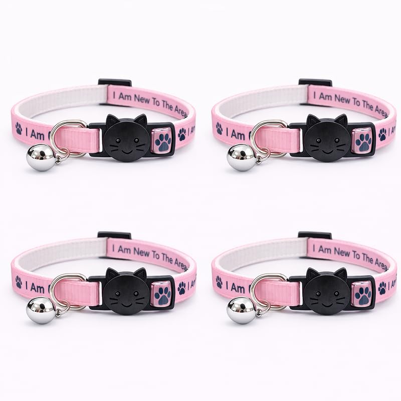 Worded Cat Collars – Please Do Not Feed Me, I Am Microchipped | Safe Quick Release Breakaway Buckle | Zacal Cat Collars (Pack of 4, Pink, I Am New To The Area)