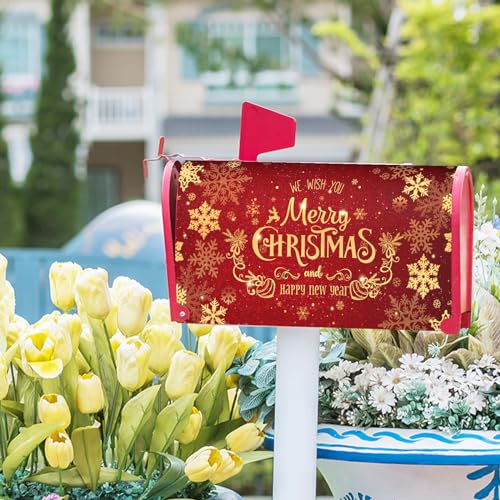 Image of Merry Christmas Red Mailbox Cover Magnetic 25.5 inch X 21 inch Snowflake Mailbox Covers Christmas Decor