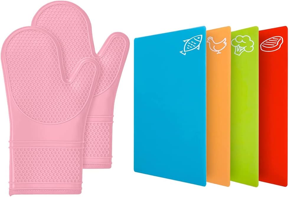 Gorilla Grip Silicone Oven Mitts and Flexible Cutting Boards 4 Pack, Oven Mitts are 12.5 Inch in Pink Color, Flexible Cutting Boards are Multicolor, 2 Item Bundle