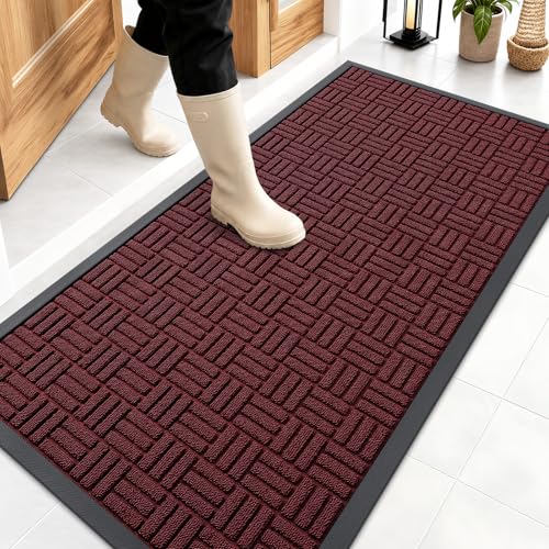 Image of OLANLY Front Door Mat Outside Entrance 47x23, Absorbent, Heavy Duty Sturdy Natural Rubber Doormat Indoor Outdoor, Non-Slip, Stain and Fade Resistant, Low Profile Floor Mat for Entryway, Burgundy