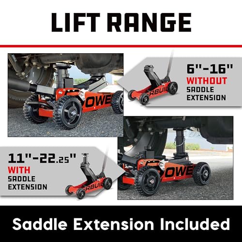 Image of Powerbuilt 2.5 Ton Big Wheel Off Road Jack, Vehicle Lift for Trucks, SUVs, ATVs Offroad Vehicles, Oversized Wheels for Rugged Terrain, 5000 LB Capacity, Orange 620703ECE
