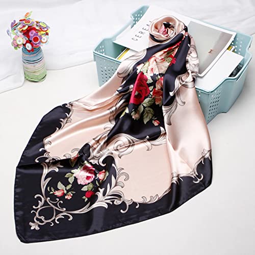 ACiyD écharpe Mode Floral Print Foulard De Cheveux pour Les Femmes Foulard Soie Satin Hijab Foulards 90 * 90Cm Carré Châle Bandeau Foulards pour Dames (Bleu Marine Rose 90X90cm)