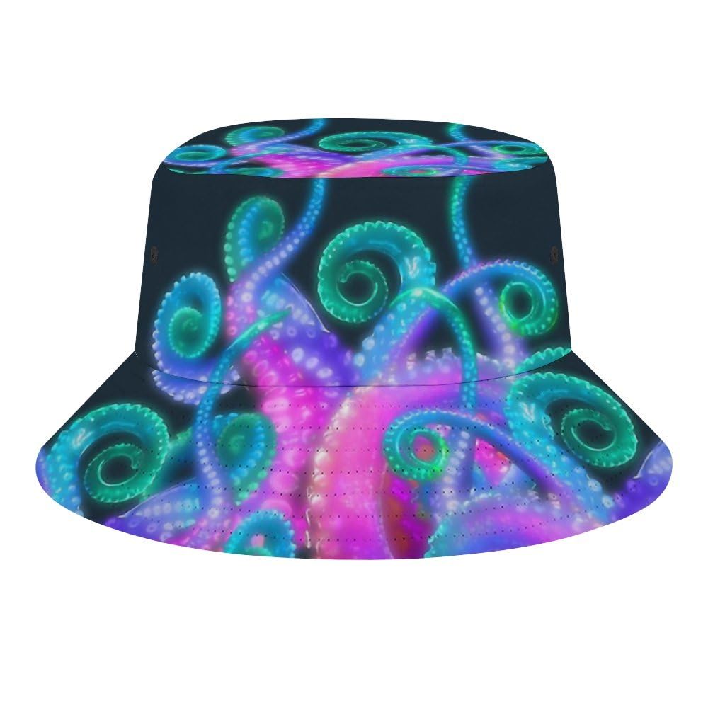 Jopajre Unisex Neon Octopus Bucket Hat For Women Men Sun Cap Fisherman Hat Packable Beach Caps Travel Outdoor