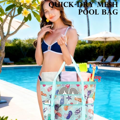 Image of Fammart Mesh Beach Bag for Women, Large Beach Toy Pool Bag with Zipper Pocket, SandProof Cruise Essentials 2026 Family Travel
