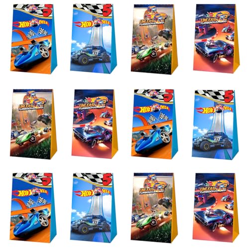 Bolsas de Regalo Hot CarWheels, Bolsas para Cumpleaños, 12 Piezas Bolsas de Papel Kraft para Fiestas con 18 Pcs Pegatinas, Bolsas dulces para envolver regalos, fiestas para niños, fiesta temática