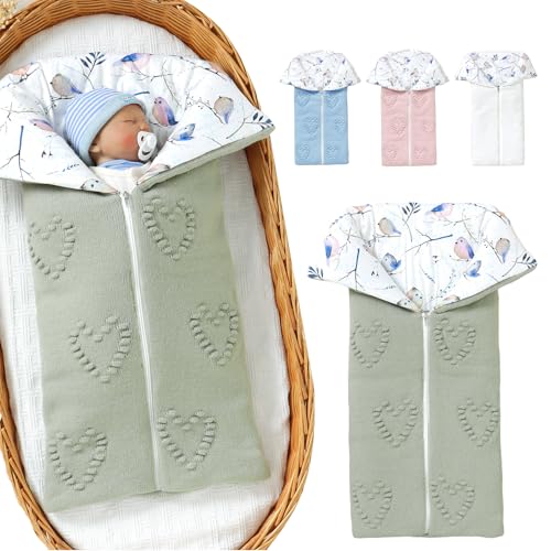 Image of Baby Winter Thick Swaddle Blankets Newborn Heart Dots Receiving Blanket Infant Soft Knit Warm Stroller Wraps for Baby Boys Girls (Green)