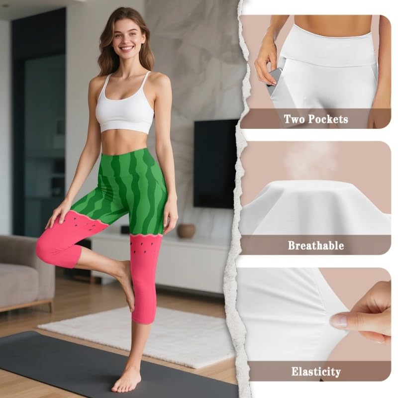 Amzbeauty Pantalones de yoga de cintura alta para mujer, capri de 3/4 de longitud, leggings para entrenamiento, correr, con bolsillos, control de abdomen, ejercicio físico