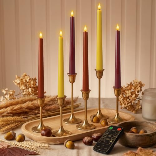 Image of Homemory Real Wax Flameless Taper Candles, 9.6 Inch Warm Fall Colors Battery Operated LED Candlesticks 6 Pcs with Remote Timer for Harvest Thanksgiving Daily Decor, Terracotta Brown Yellow