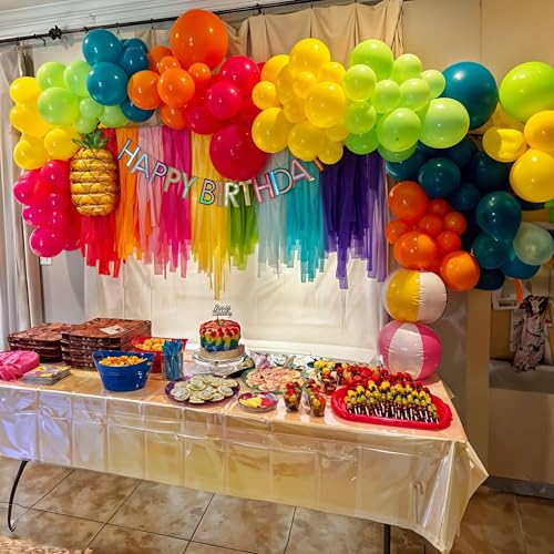Image of Hawaii Balloons Set, Pack of 60 12 Inch Hot Pink Orange Blue Light Green Yellow Neon Rainbow Latex Balloon for Summer Tropical Flamingo Luau Beach Aloha Baby Shower Birthday Party Decorations Supplies