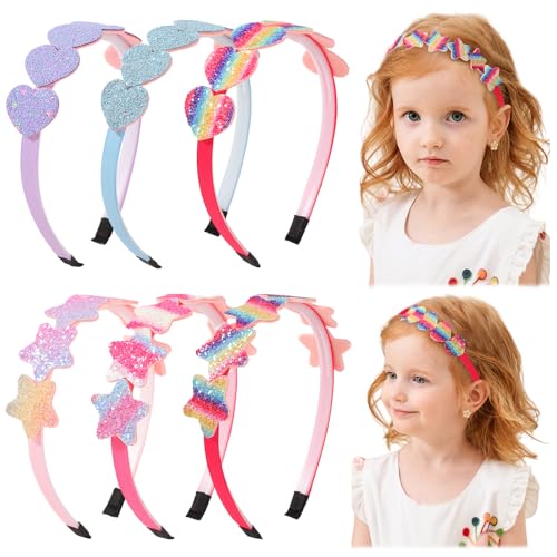 6 piezas Diademas Niña, Algodón y Poliéster Multicolor, Banda de cabeza brillante Corazón estrella Banda de pelo con dientes, bandas antideslizantes Accesorios para el cabello de niños pequeños Niña