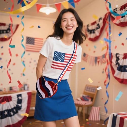 Image of 4th of July Purse for Women Sequin Beaded USA Star Purse American Flag Crossbody Shoulder Bag 4th of July Outfits