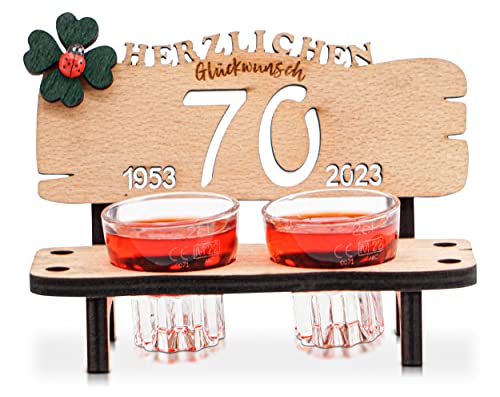 DARO Design - Banc à liqueur en bois de 70 ans, 2 verres à liqueur, 2 bougies, trèfle, anniversaire, mariage, anniversaire de mariage, cadeau d'anniversaire Cover