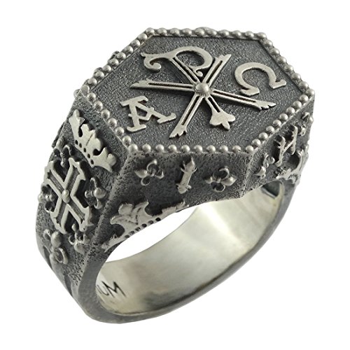 Knight Templar Masonic Chi Rho Silver 925 Alpha Omega Cross of Constantine Men Ring