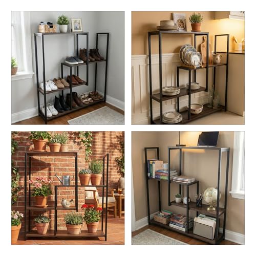 Image of ORILEY TriVista 3 Tier Wooden Plant Stand with Rectangular Base Indoor Multiple Flower Pot Holder Wood Display Racks for Home Potted Plants and Flowers Balcony & Garden Tall Shelf (Pack of 1)