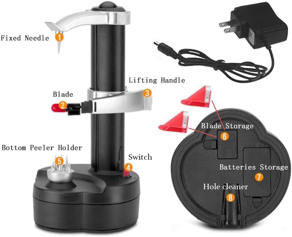 Electric Potato Peeler Automatic Potato Peeler Machine, Electric Peeler Fruits and Vegetables, Apple Peeling Machine for Kitchen [1 Adapter 2 Extra Blades] with Apple Corer (Black-C)