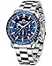 MEGALITH Montre Homme, Montres Etanche Chronographe Lumineuses Montres Bracelet en Acier Inoxydable Grand Cadran Analogique à Quartz Date, Mode Montre pour Homme Cadeau - Argent Bleu
