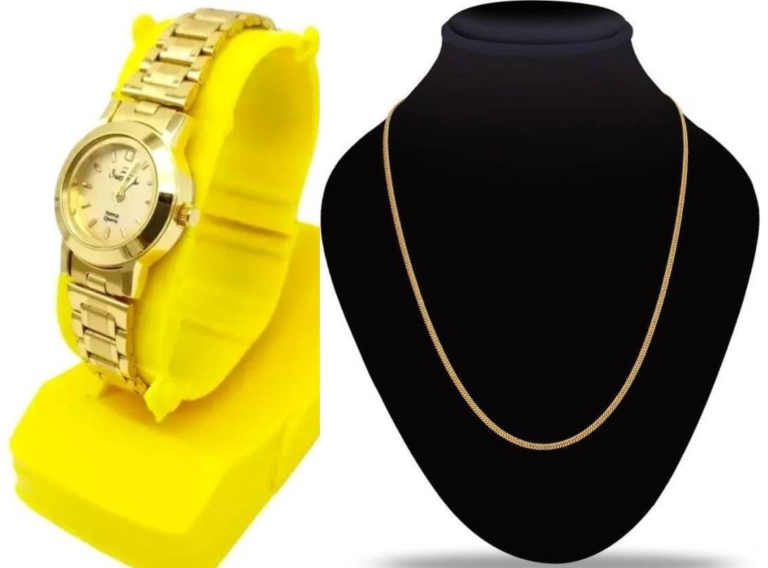 GIFFEMANS Golden Metal Chain Effortlessly Stylish and Dependable Analog Wrist Dial luxury look Watch |Quartz Style | Gift Option for Wedding | Fashionable and And Golden Necklace Chain for Girls & Women Combo Set (B0CQ7HM2PR) Amazon Price History, Amazon Price Tracker