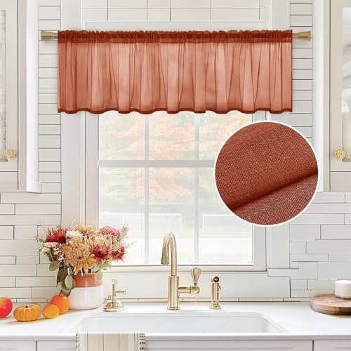 MIULEE Terracotta Sheer Valance Linen Textured Look Half Window Curtain,