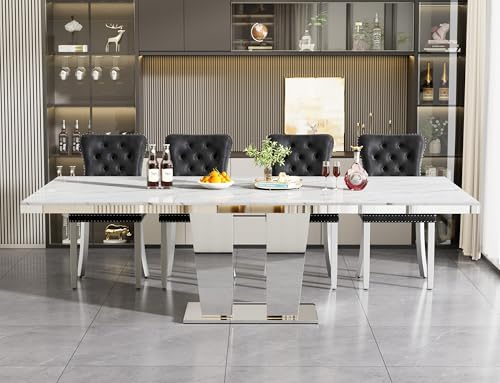 Image of 94 inch Faux Marble Extendable Dining Table for 8 10,Mirrored Base | Large White Marble Expandable Kitchen Table for 8,Modern Pedestal Dining Table w / Mirrored Columnar Base for Family Gathering