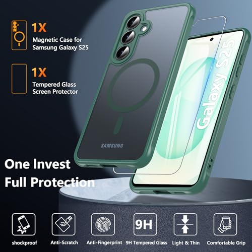 Image of OWKEY Magnetic for Samsung S25 Case, Samsung Galaxy S25 5G Magsafe Case with Screen Protector Protective Shockproof Rugged Military Grade Drop Protection Phone Case for Samsung Galaxy S25 (Green)