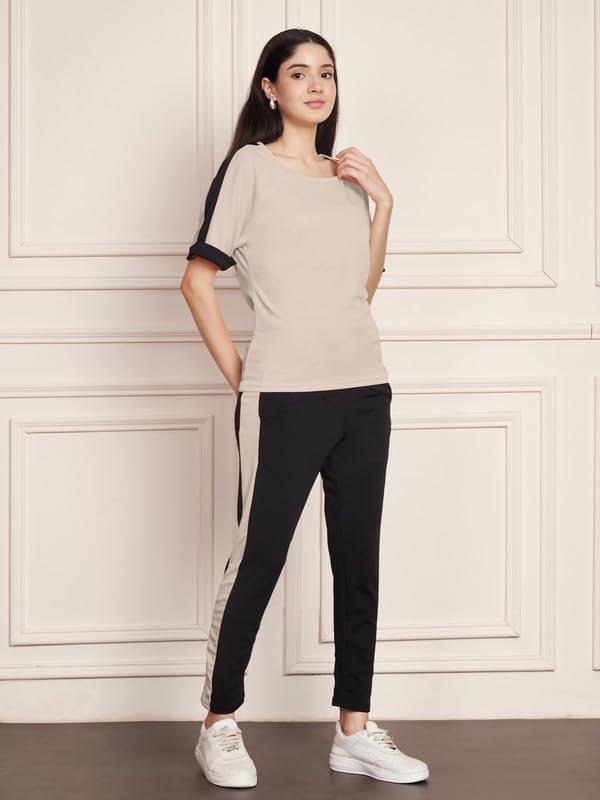Image of DTR FASHION Polyester Blend Black Color Shoulder Stripes Tracksuit | Night Wear Suit For Women