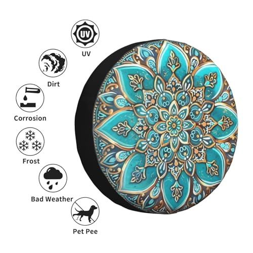 Image of KiuLoam Vintage Turquoise Teal Gold Mandala Spare Tire Cover Waterproof Dust-Proof Universal Sunscreen Wheel Tire Covers Fit for Trailer, RV, SUV and Many Vehicle 14 Inch