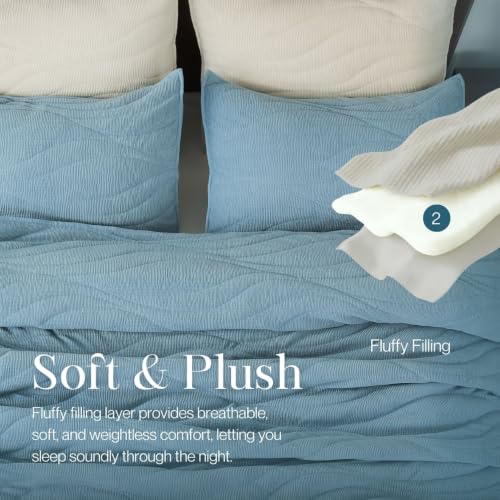 Image of DOWN HOME Crinkle Textured Velvet Quilt Set with Shams, All-Season Luxury Modern Bedding,Easy Care Comforter,Ultra-Soft,Lightweight & Breathable, Queen, Celestial Blue
