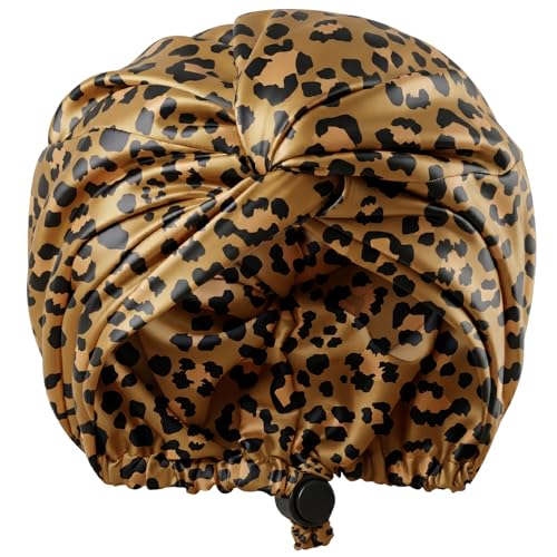 Image of Leopard Cheetah Adjustable Silk Satin Bonnet for Curly Sleeping Hair Wrap, Double Layer Sleep Cap, Night Turban for Large Long Women Men
