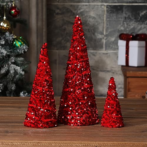 Ceenna 3 Pcs Christmas Velvet Trees Red Confetti Cone Tabletop