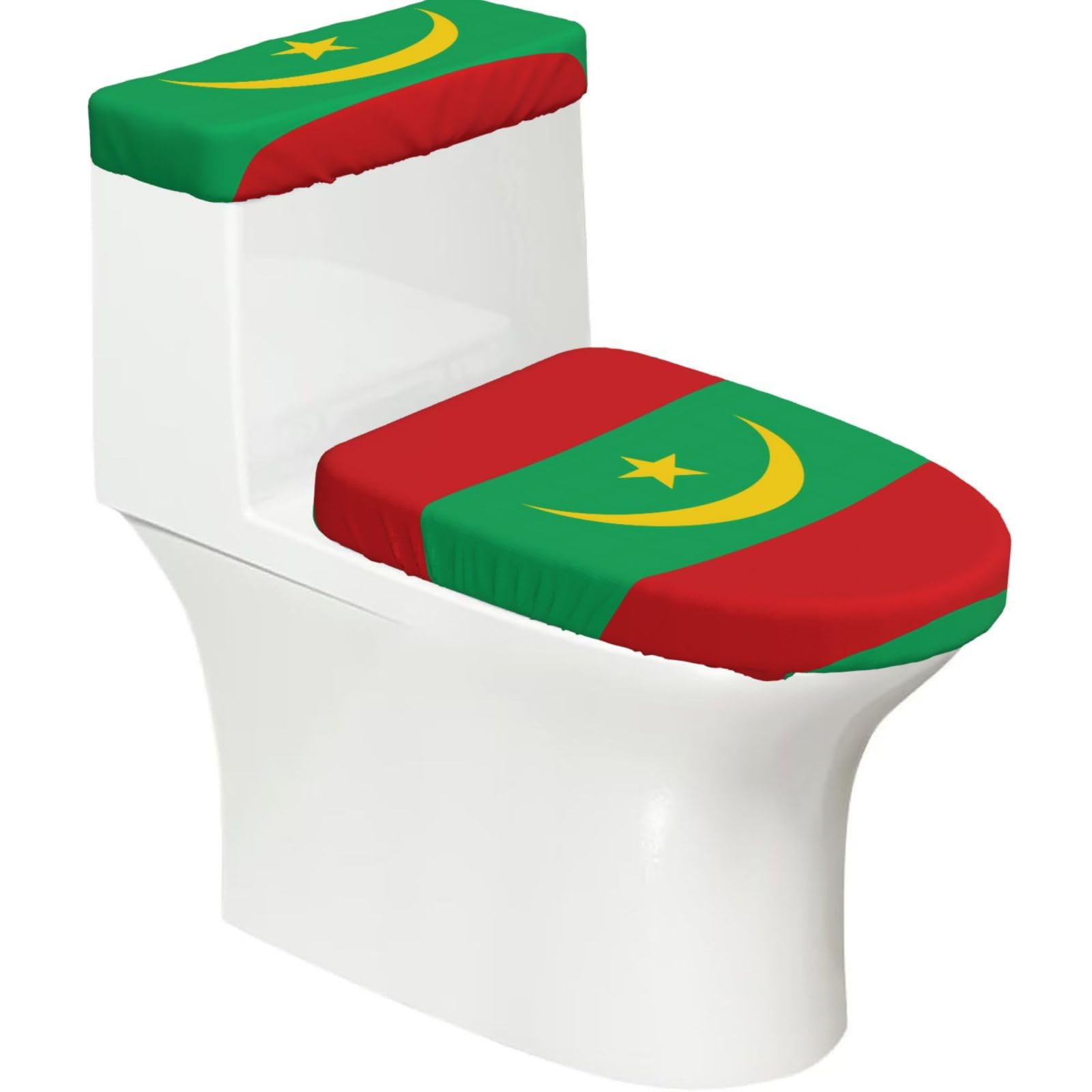 Flag of Mauritania Elastic Toilet Cover Set of 2-Stretchy Lid and Tank Covers for Bathroom, Soft Washable U Shape Toilet Decor