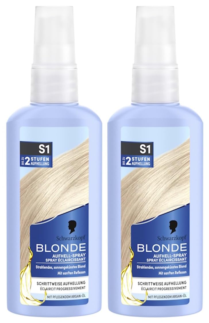Schwarzkopf Blonde Aufheller S1 Stufe 3 (2x 125 ml), Aufhellspray zum Haare aufhellen um bis zu 2 Stufen für eine strahlende, sonnengeküsste blonde Haarfarbe, Formel mit Argan-Öl