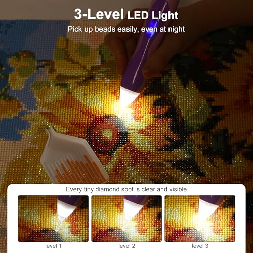 Image of PP OPOUNT Electric Diamond Painting Pen with Light, Wireless & Rechargeable Diamond Art Pens, 3 Brightness Levels, Quiet, Ergonomic Grip, Extra Single & Triple Tips - Diamond Art Kits for Adults
