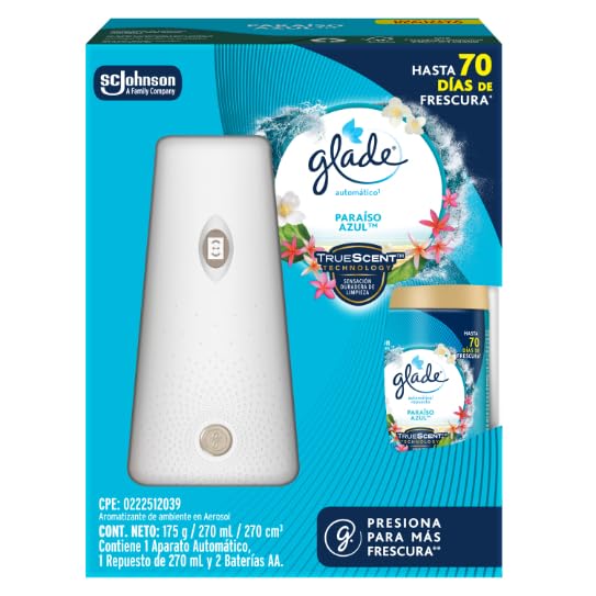 La mejor comparación de Aromas del mes. 47 Glade Aromatizante Automático, TrueScent Technology Aroma Paraíso Azul, Hasta 70 días de Frescura Continúa, Incluye 1 Aparato y 1 Repuesto de 270 ml