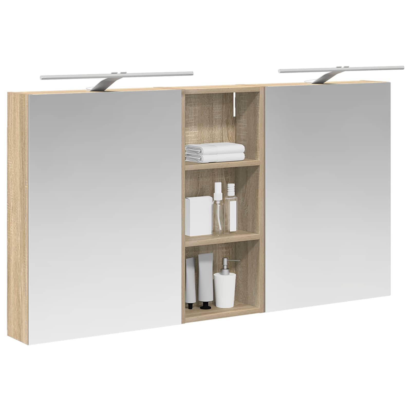 3-częściowy zestaw szafek łazienkowych z materiału drewnopochodnego 130 x 14,5 x 70 cm, montowana na ścianie, z oświetleniem LED i dwukierunkowym lustrem, do łazienki, WC i pralni, miejsce
