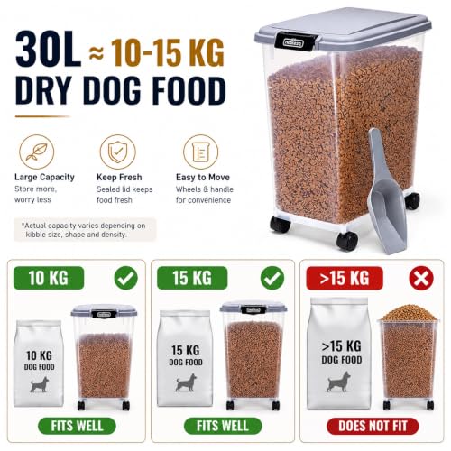 Nobleza - Futterbehälter für Haustiere 30 L, für Haustiere, Lebensmittelbox mit Rädern, Klappdeckel, Luftdicht, Transparent, Rollen und Schaufel, für Hunde und Katzen, Grau