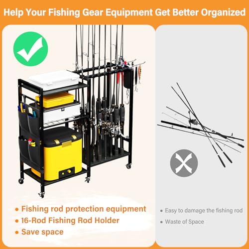 TC-HOMENY 16-Rod Fishing Rod Holder for Garage, Fishing Pole Rack Cart Fit All Fishing Rods, 3 Tier Fishing Tackle Storage Organizer Rack with Storage Bag, For Living Room