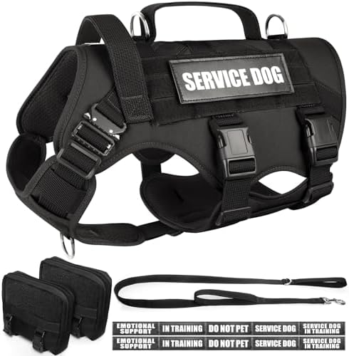 WINSEE Tactical Dog Harness with Dog Leash, Service Working MOLLE Vest with 10 Pet Patches for Medium Dog, No Pull Military Harness and Backpack for Training Hunting Walking