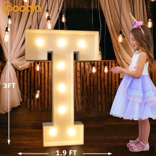 Image of Pooqla 3FT Light Up Marquee Letters, Cool White and Warm White LED Large Lighted Marquee Letters, Giant Mosaic Letter Sign for Balloons Birthday Anniversary Wedding Party Decoration, Decor T