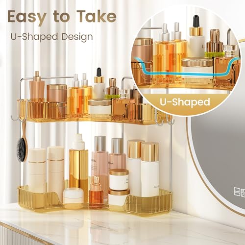 Image of Golden Corner Counter Organizer, 2 - Tier Bathroom & Kitchen Storage Tray with Hooks | PET Vanity Organizer for Skincare, Makeup & Jewelry