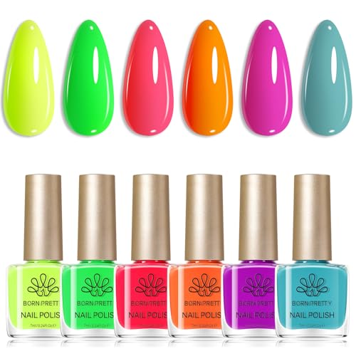 Born Pretty Juego de esmalte de uñas de secado rápido, 6 colores, amarillo neón, verde fluorescente, rojo, naranja, rosa, morado, verde azulado, esmalte de uñas sin lámpara UV, primavera y verano