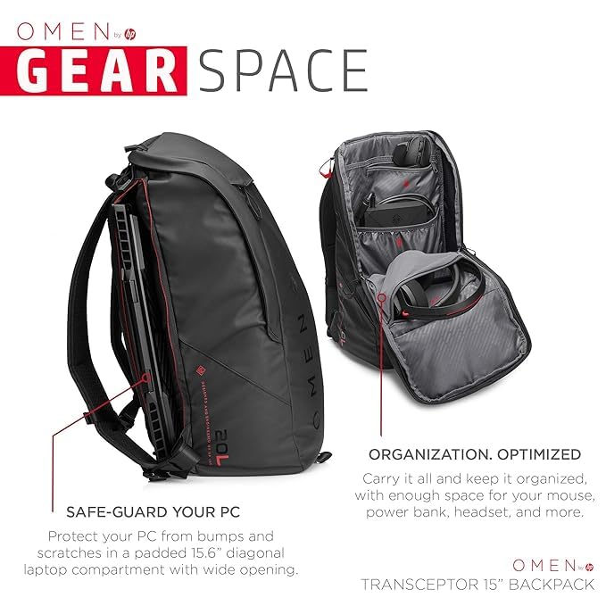 Image of HP OMEN Transceptor 15 Backpack, 15.6 inch, 20L Capacity, Water Resistant, Padded Laptop Compartment, Ergonomic Design, Trolley Pass-Through