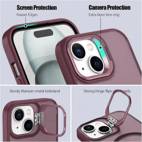 Image of Elzzi Kickstand Case for iPhone 15 Case Compatible with MagSafe, Built-in Adjustable Camera Guard Stand, Translucent Matte Anti-Fingerprint Heavy Duty Shockproof Phone Cover - Cherry