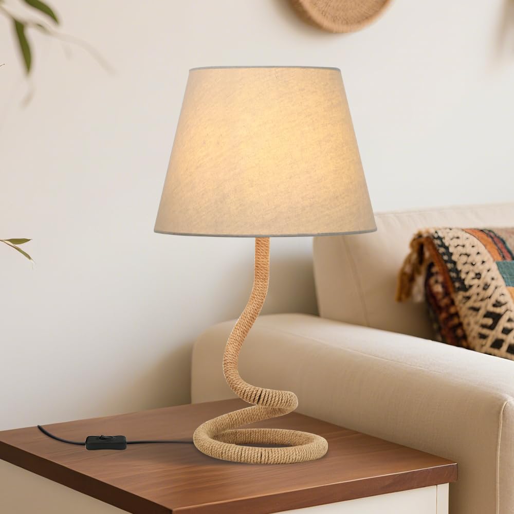 Lampa stołowa z liny konopnej, kreatywna, spersonalizowana lampka nocna, lampa na biurko z kloszem z materiału, nowoczesna dekoracja boho, przełącznik z przewodem, żelazna podstawa, głowica E27