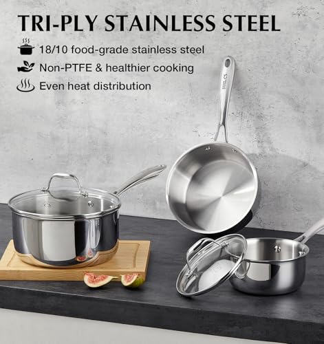 Image of KOCH SYSTEME CS Triply Stainless Steel Saucepan Set, 1QT & 2QT & 3QT Stainless Steel Pot Set with lid, Diswasher & Oven Safe, Induction Compatible Pot, 6PCS