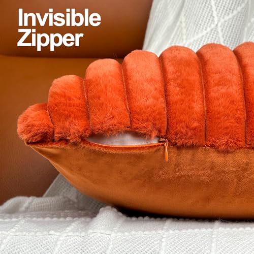 20x20 Throw Pillow Covers Set of 2, Decorative Faux Fur Covers for Bed, Couch Soft Fluffy Pillow Cover with Velvet Back for Living Room, Neutral Home Décor Accent for Sofa - Burnt Orange