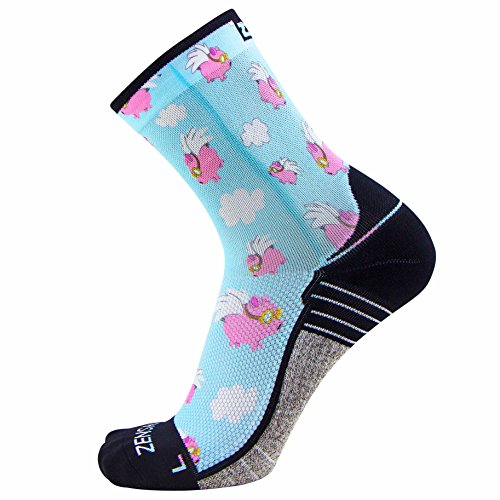 Zensah Limited Edition Running Socks - Fun and Crazy Mini Crew Compression Socks, Moisture Wicking and Anti Blister (Large, Flying Pigs-Sky Blue)