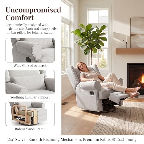 Image of Swivel Rocking Recliner Chair, Manual Lazy Boy Recliner with Footrest & Lumbar Pillow, Upholstered Glider Rocking Chair for Adults Relax, Living Room, Bedroom, Napping, Light Gray