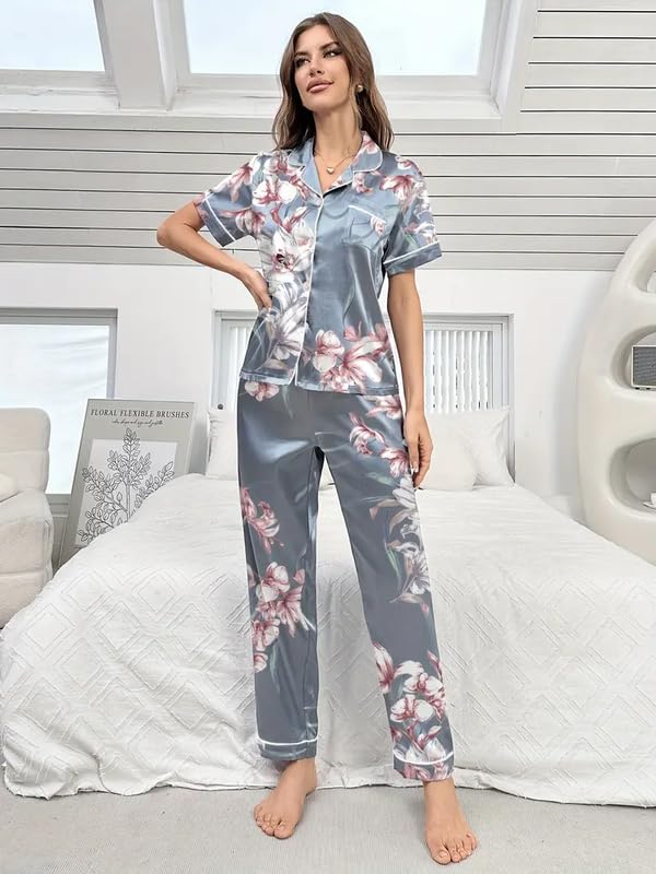 Image of Night Suit for Women with Full Sleeve Button-Down Top with Pant Dress for Woman, Cotton Night Dress for Woman, Two-Piece Loungewear Set