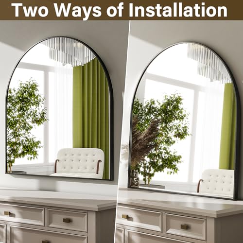 Image of HARRITPURE 26 inchx28 inch Arched Bathroom Mirror, Wall Mounted Mirror, Black Arch Mirror, Aluminum Alloy Frame Wall Mirror for Living Room, Bedroom and Entryway